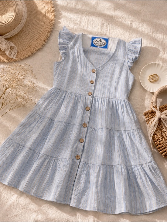 August Sky Dresses & Skirts - Light Blue Button-Down Dress with Ruffle Sleeves